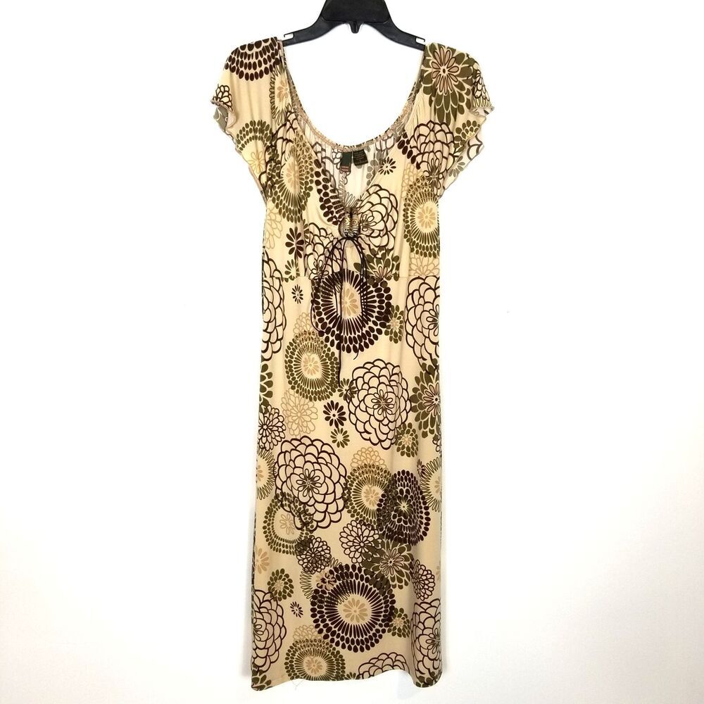VTG Serenade Women Floral Cap Sleeve Midi Dress  L Tie V Neck Y2K Fairy Stretch‎